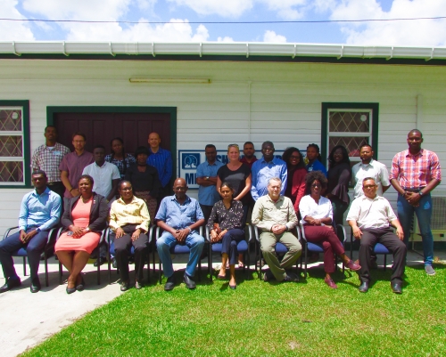 Participants of the CRFM CSWG Meeting, assembled outside of the Fisheries Department in Guyana, included representatives from Guyana’s and Suriname’s fisheries departments, private seabob trawl companies, the NGO community, and independent technical experts with seabob fishery assessment and management expertise.