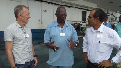  Appearing in the photo above (from left to right) are Dr. &Aring;ge H&oslash;ines, Senior Scientist, Institute of Marine Research, Norway; Ruben Charles of the Pritipaul Singh Investments Inc., a fish processing plant in Georgetown, Guyana; and Milton Haughton, CRFM Executive Director