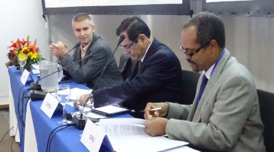 At the signing of the MOU, from left to right: Raymon van Anrooy, Secretary of WECAFC; Mario Gonz&aacute;lez Recinos, Executive Director of OSPESCA; and Milton Haughton, Executive Director of the CRFM