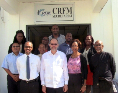 CARICOM Secretary General, Ambassador Irwin LaRocque, and Chef de Cabinet at the CARICOM Secretariat Ms Glenda Itiaba (front center) with CRFM staff at our headquarters in Belize City