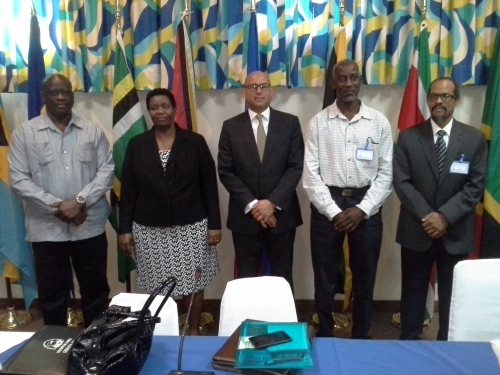 From left to right: Justin Rennie, Chief Fisheries Officer, Grenada; Mrs. Marilyn Austin-Cadore, Permanent Secretary, Ministry of Agriculture, Lands, Forestry, Fisheries and the Environment of Grenada; Hon. Simon Steele, Senator &amp; Parliamentary Secretary, Ministry of Agriculture, Lands, Forestry, Fisheries and the Environment of Grenada; Andrew Magloire, Chief Fisheries Officer, Dominica; and Milton Haughton, CRFM Executive Director.