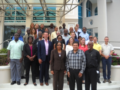Front row: Joyce Leslie, Barbados - co-chair of the meeting; James Azueta, OSPESCA, co-chair of the meeting; Peter A. Murray, CRFM - RWG-IUU Convenor)