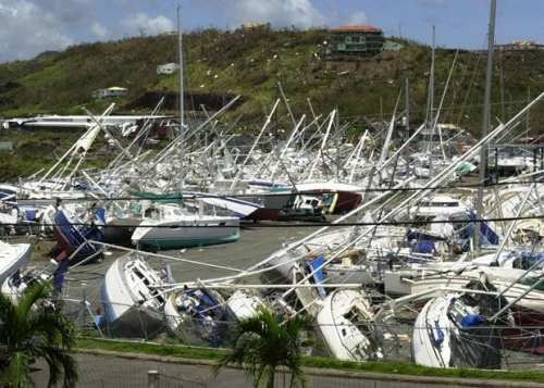 Grenada devastated by Hurricane Ivan in 2004. Fishing boats destroyed as well as majority of buildings.